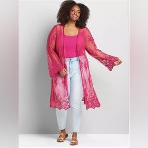Lane Bryant Embroidered Mesh Crochet Back Overpiece 18/20 Festival Fushsia